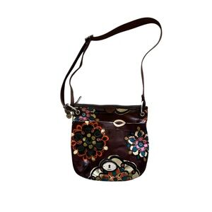 FOSSIL KEY PER Doodles Crossbody Bag Brown Floral Canvas